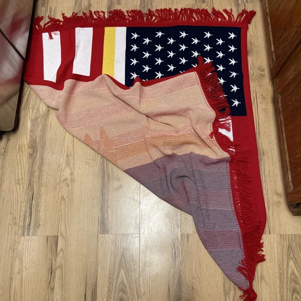 Vintage Logo Knits American Flag Throw Blanket Handmade 59 X 50 Yellow Ribbon